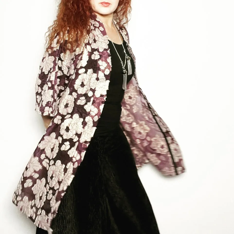 Audrey Swing Coat - Plum organza with gold floral motif
