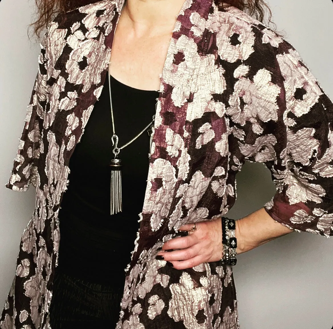 Audrey Swing Coat - Plum organza with gold floral motif
