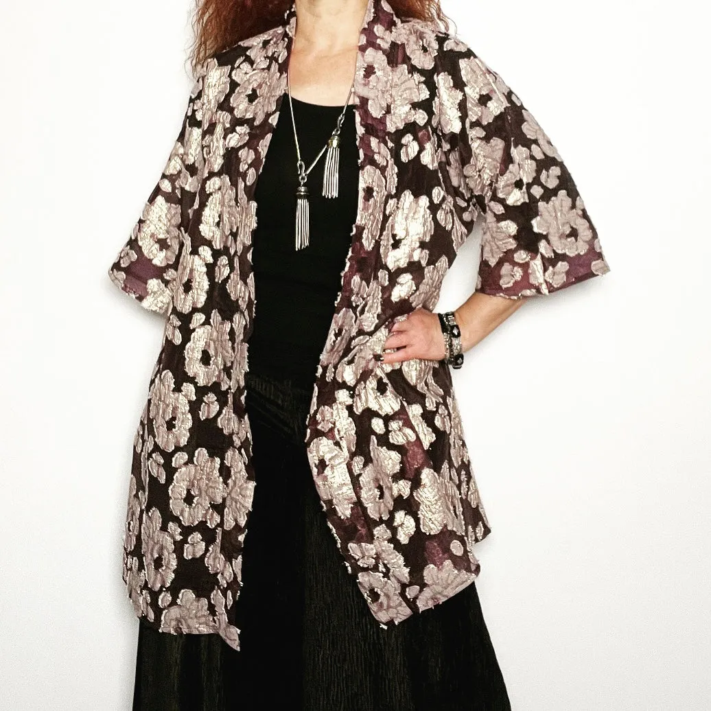 Audrey Swing Coat - Plum organza with gold floral motif