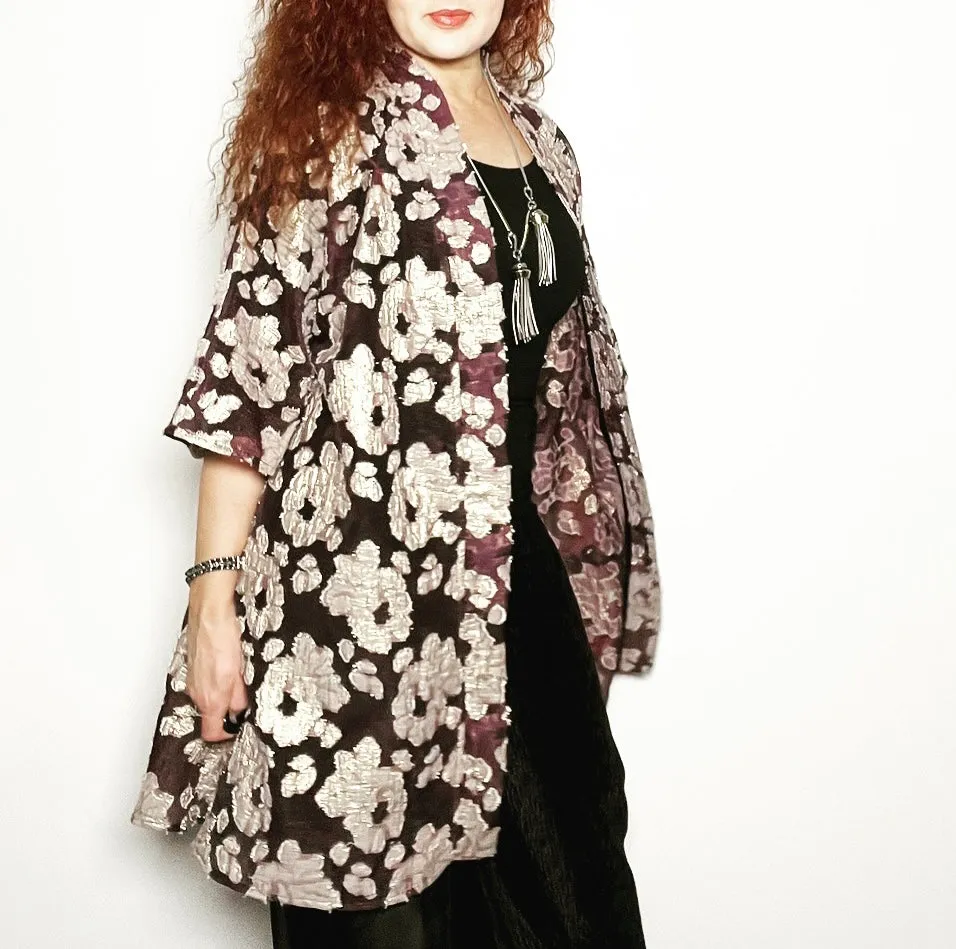 Audrey Swing Coat - Plum organza with gold floral motif