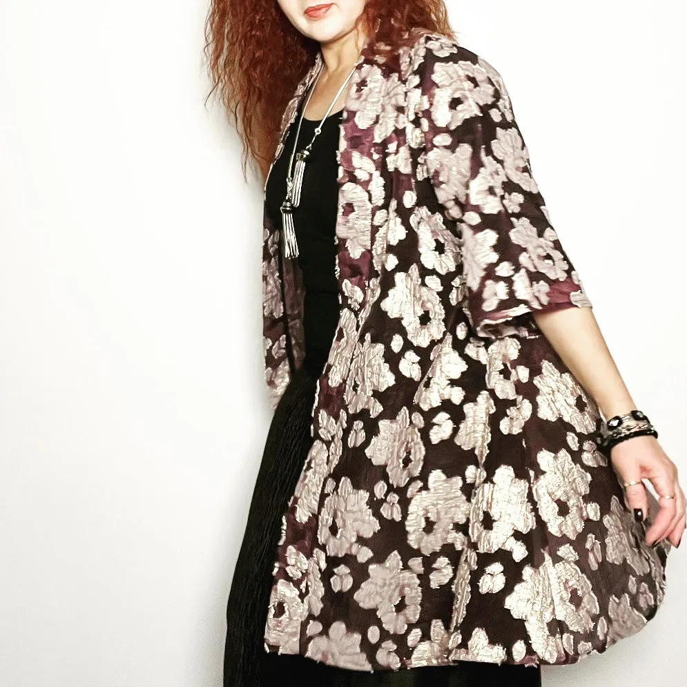 Audrey Swing Coat - Plum organza with gold floral motif