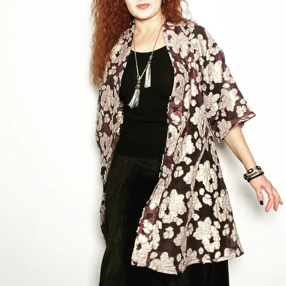 Audrey Swing Coat - Plum organza with gold floral motif