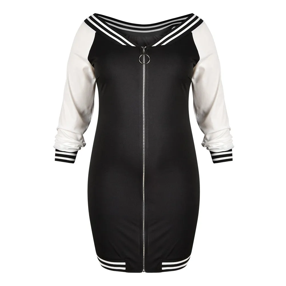 Casual V Zipper Long Sleeve Bodycon Women Plus Size Dress