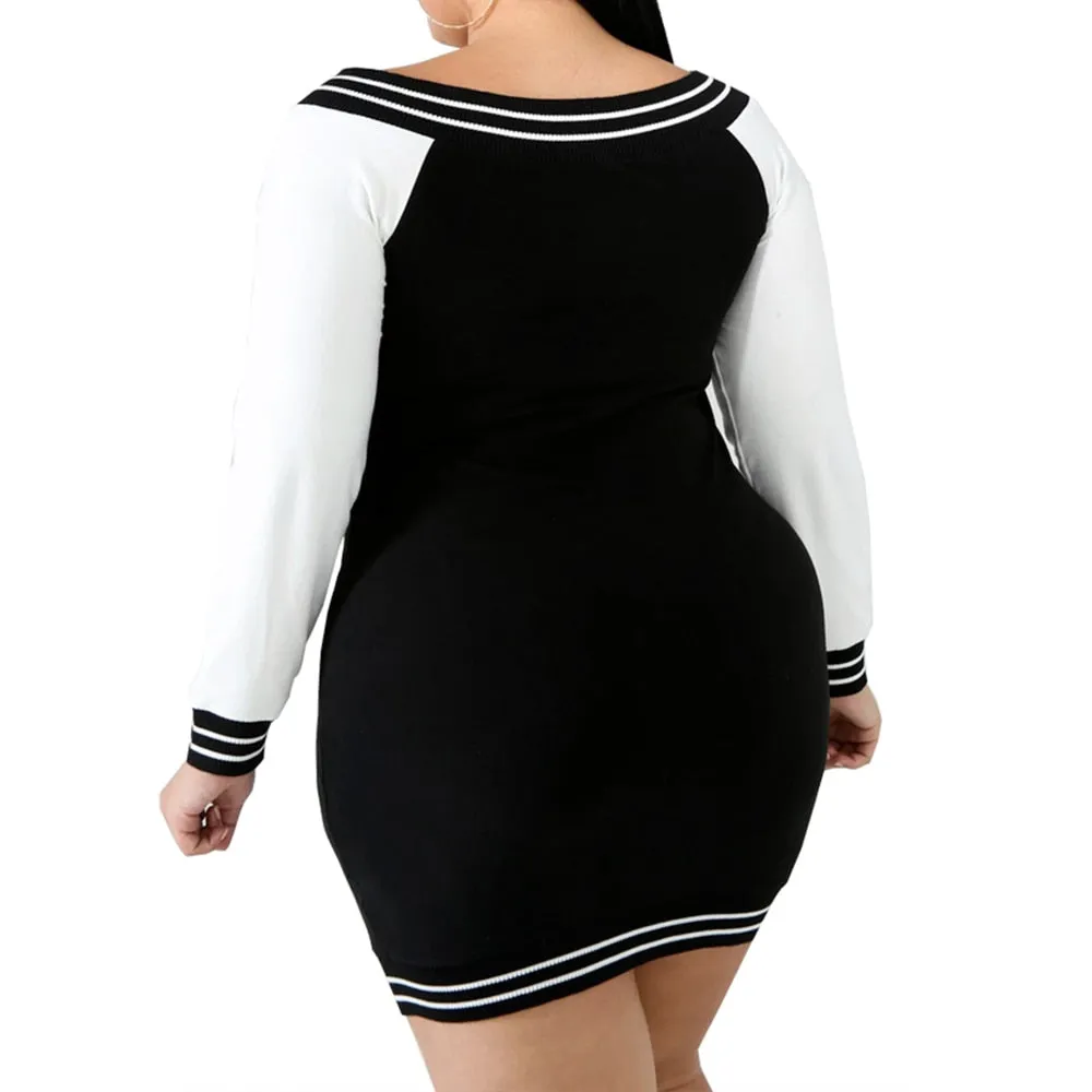 Casual V Zipper Long Sleeve Bodycon Women Plus Size Dress