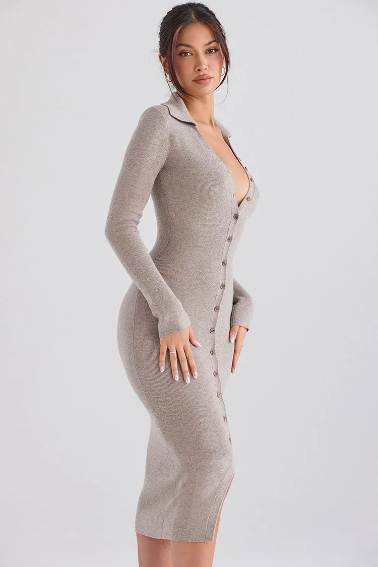 Collar Button Up Long Sleeve Ribbon Midi Sweater Dress
