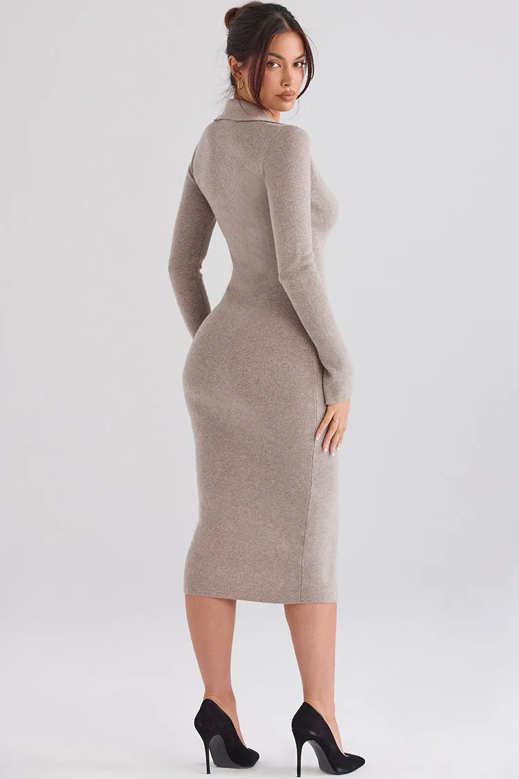 Collar Button Up Long Sleeve Ribbon Midi Sweater Dress