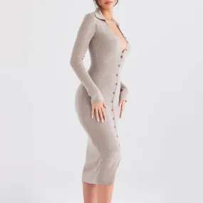 Collar Button Up Long Sleeve Ribbon Midi Sweater Dress