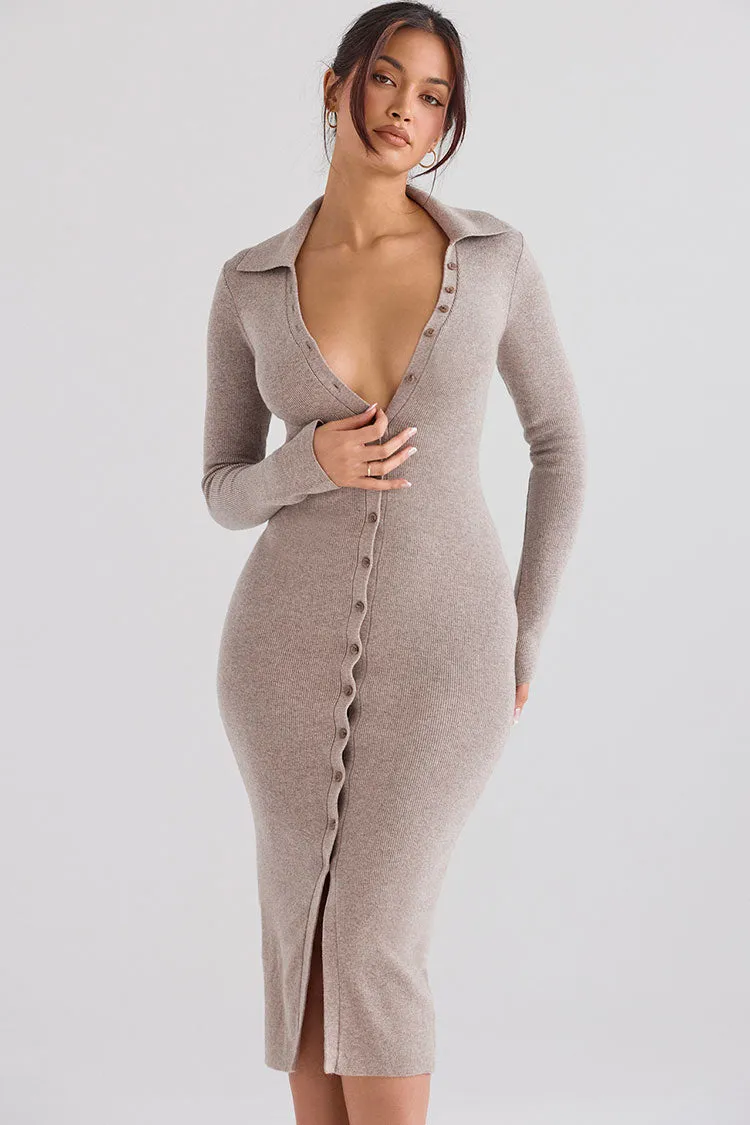 Collar Button Up Long Sleeve Ribbon Midi Sweater Dress