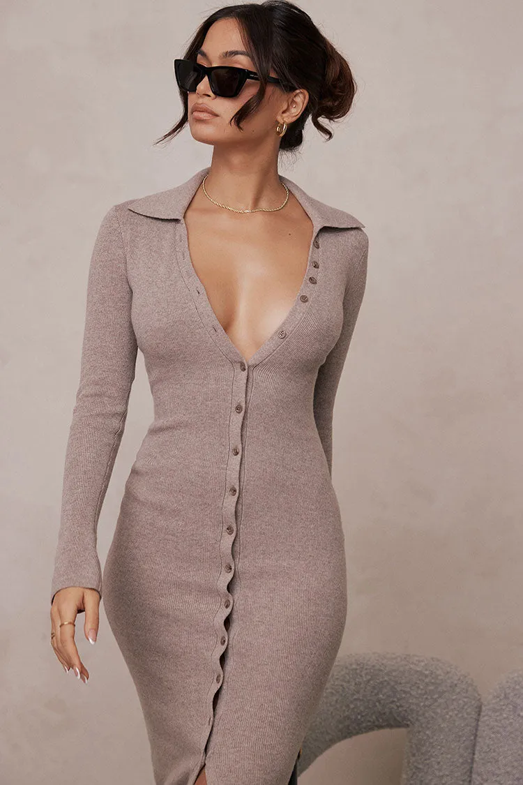 Collar Button Up Long Sleeve Ribbon Midi Sweater Dress
