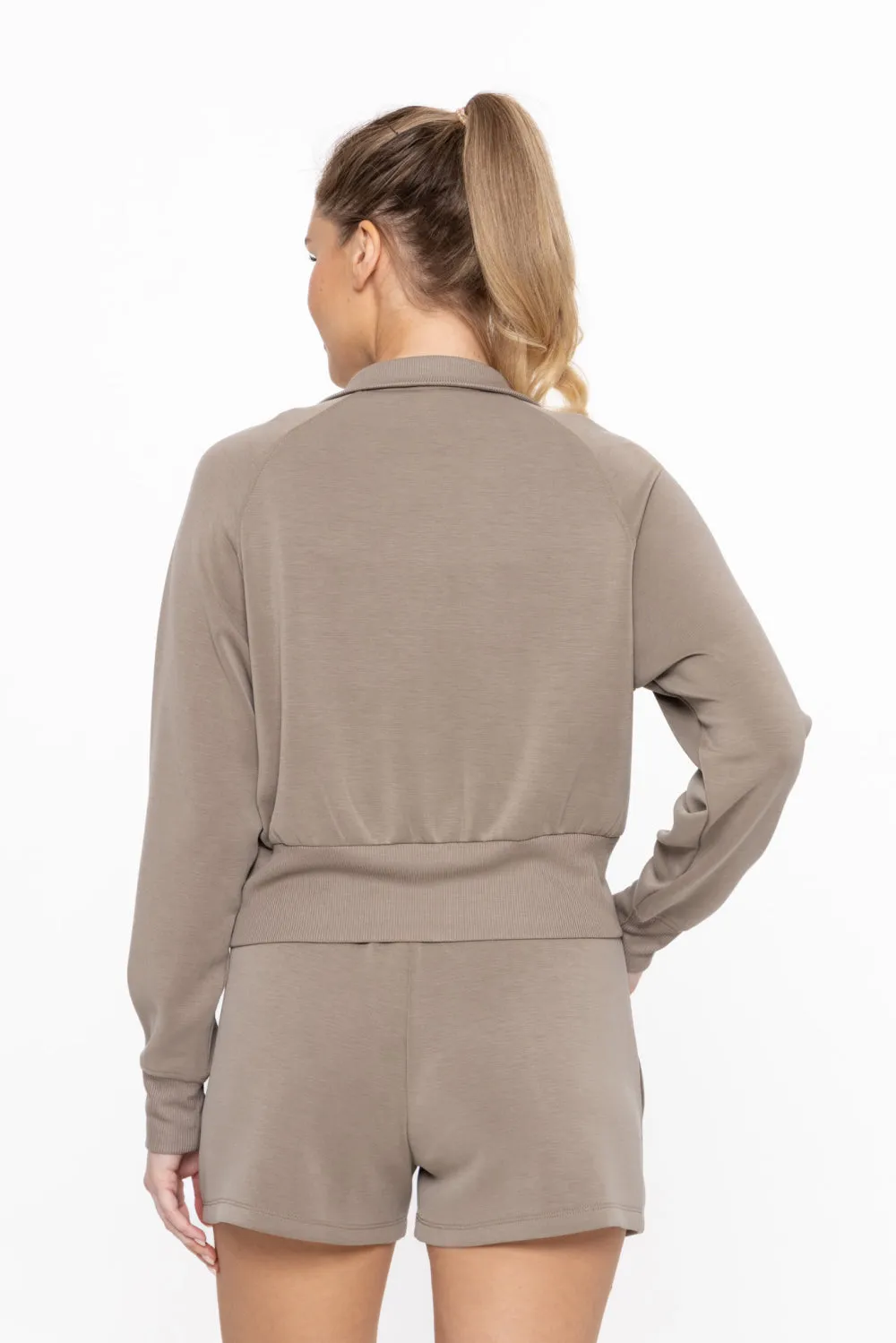 Cropped Mock Neck Zip-Up Jacket in Warm Grey