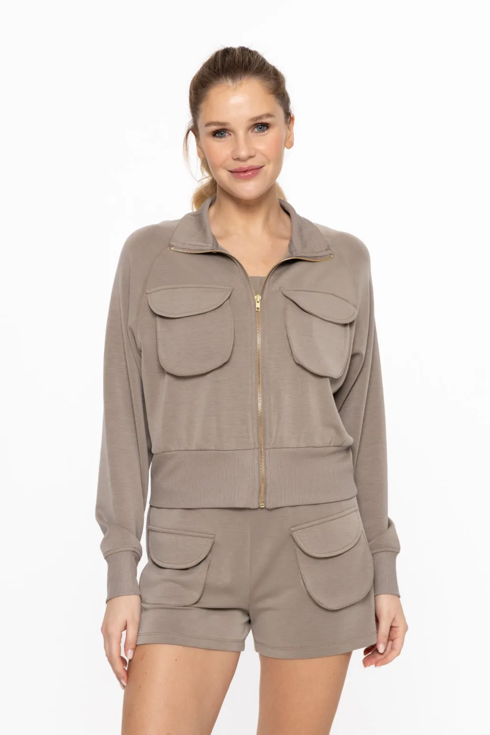 Cropped Mock Neck Zip-Up Jacket in Warm Grey
