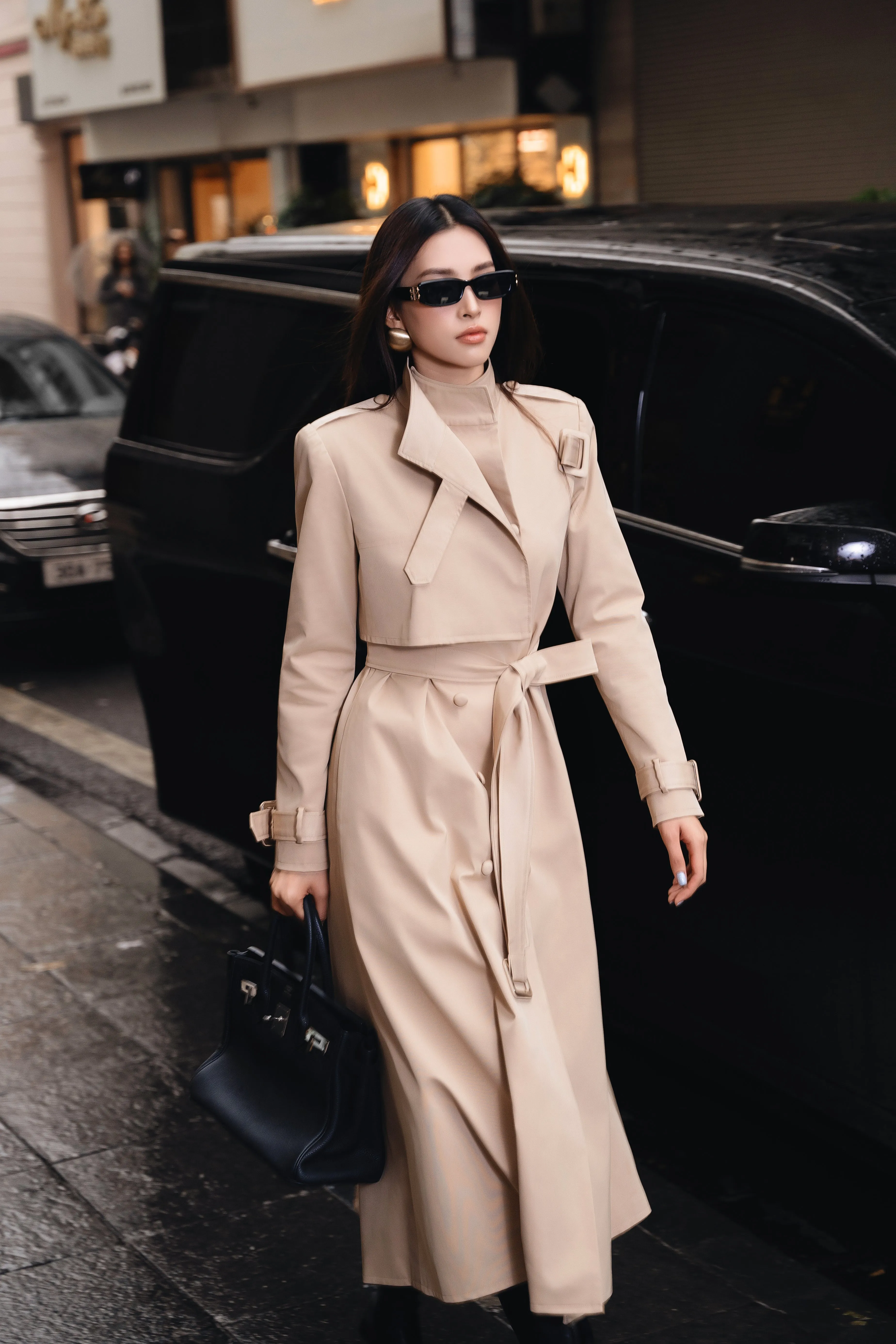 Dolyn Coat - Dolyn A-line Belt Strap Polyester Spandex Calf Length Trench Coat