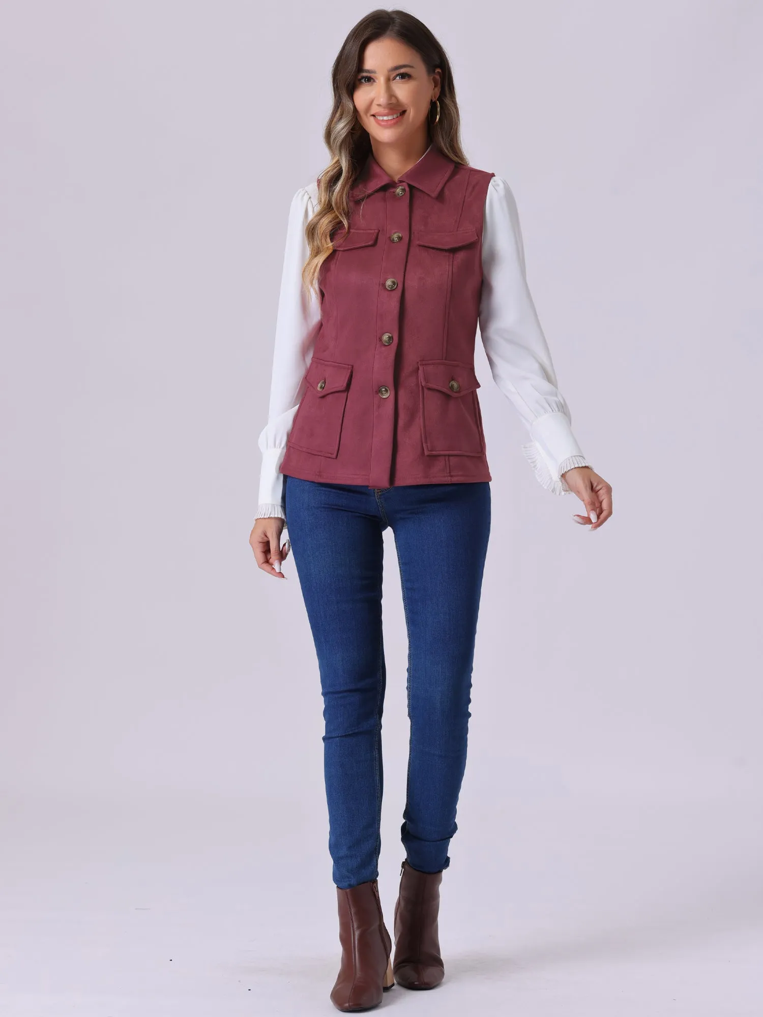 Faux Suede Vest Utility Buttoned Sleeveless Jacket with Cargo Pocket