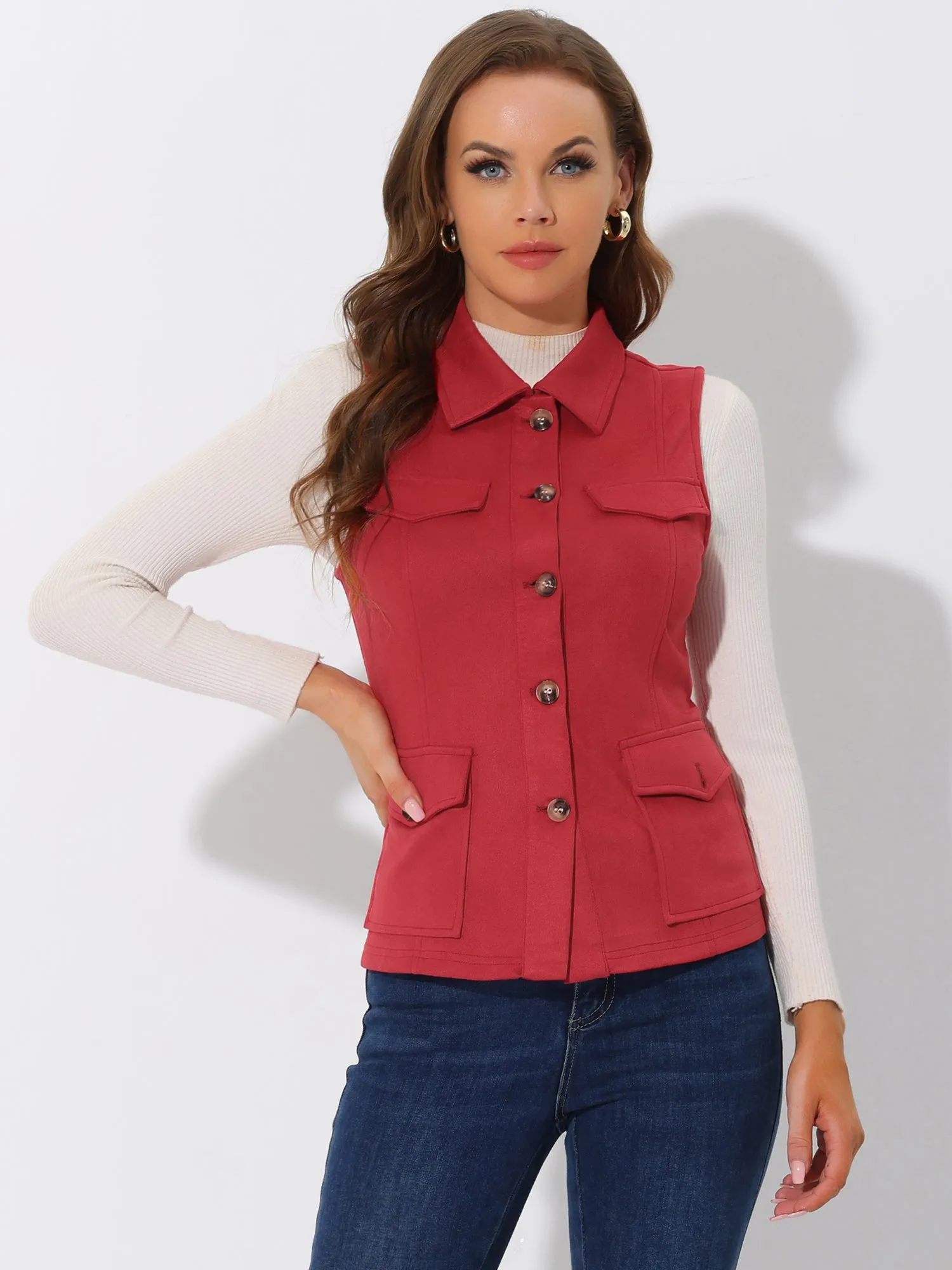 Faux Suede Vest Utility Buttoned Sleeveless Jacket with Cargo Pocket