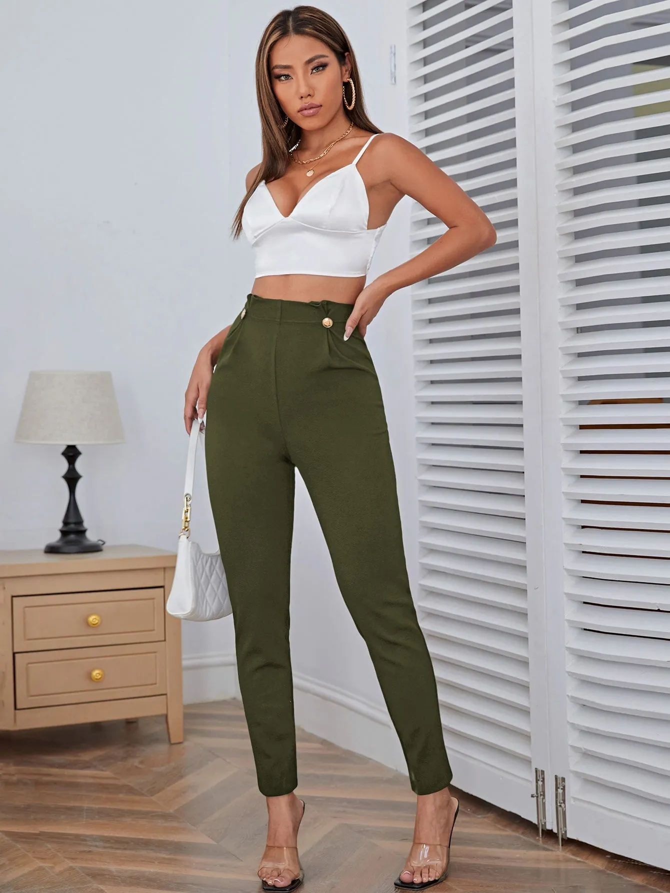 High Waist Button Detail Pants