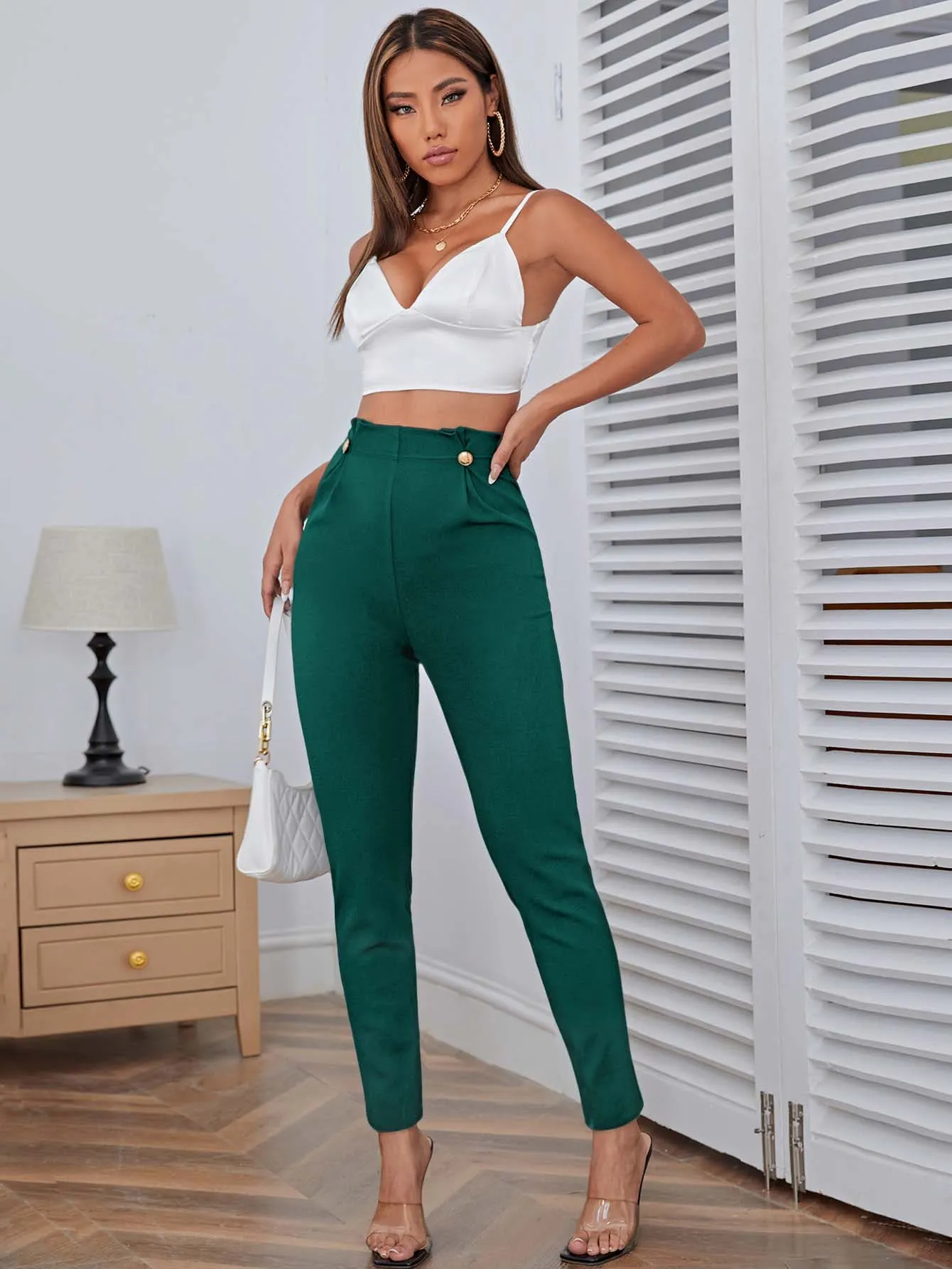 High Waist Button Detail Pants