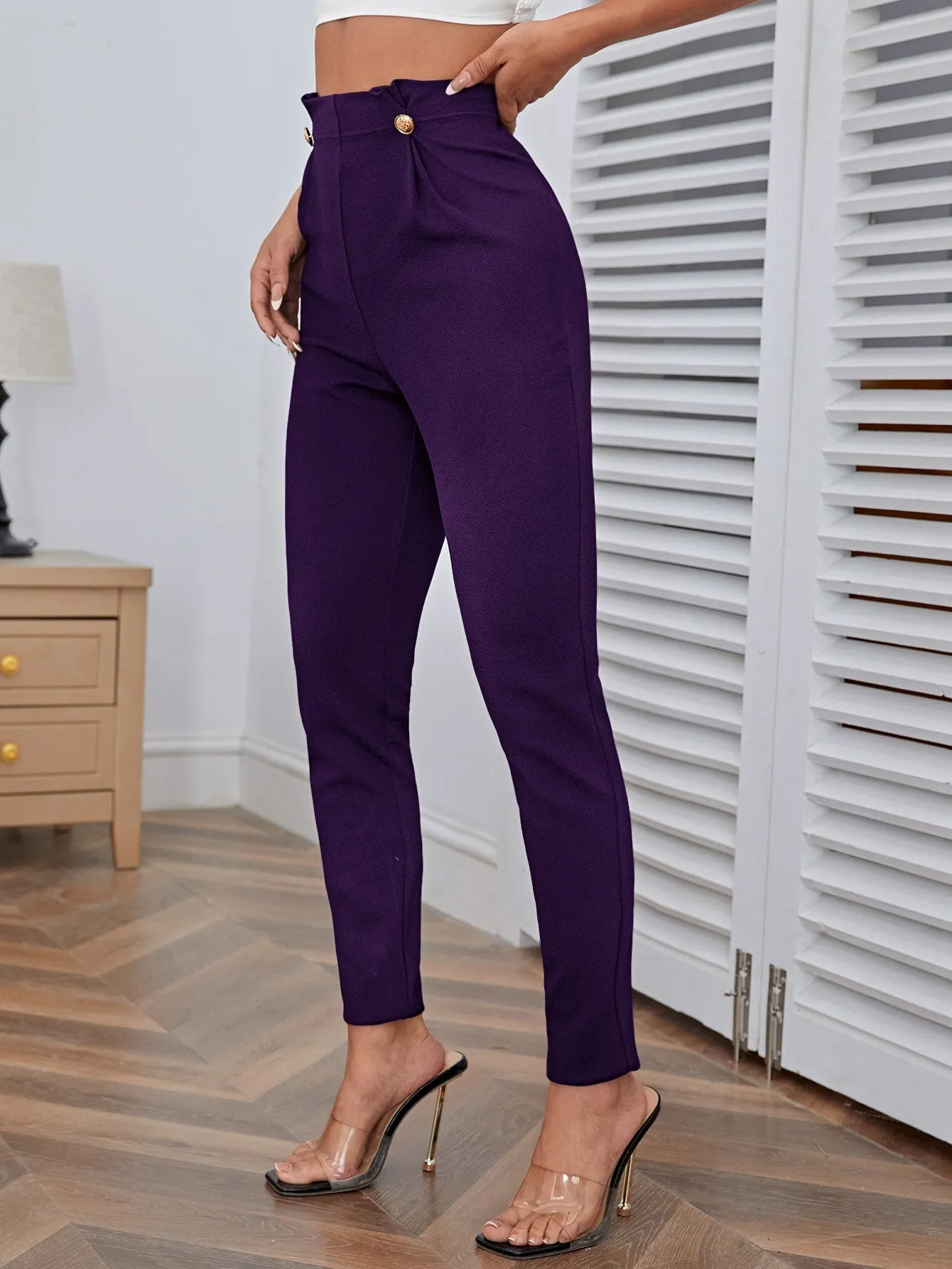 High Waist Button Detail Pants