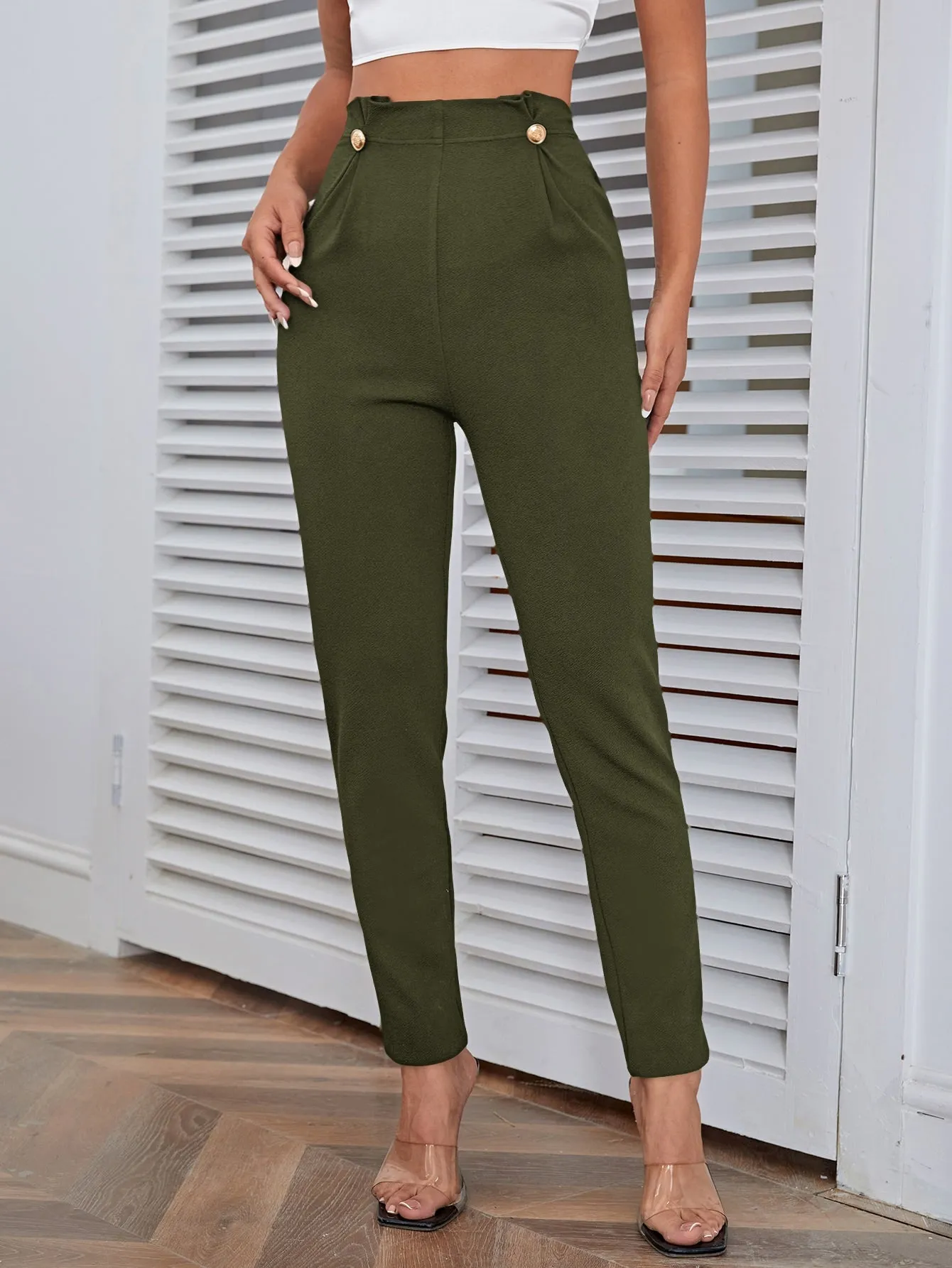 High Waist Button Detail Pants