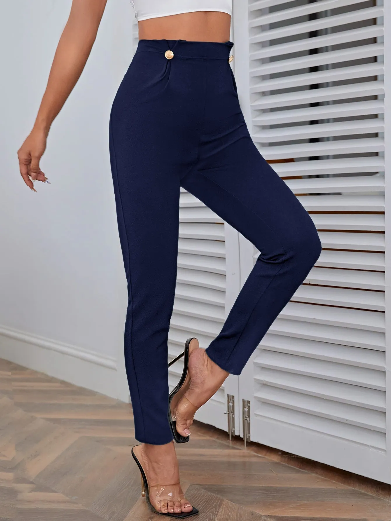 High Waist Button Detail Pants