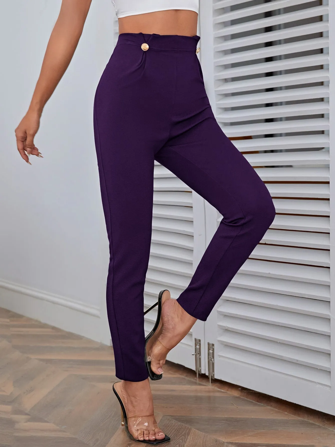 High Waist Button Detail Pants