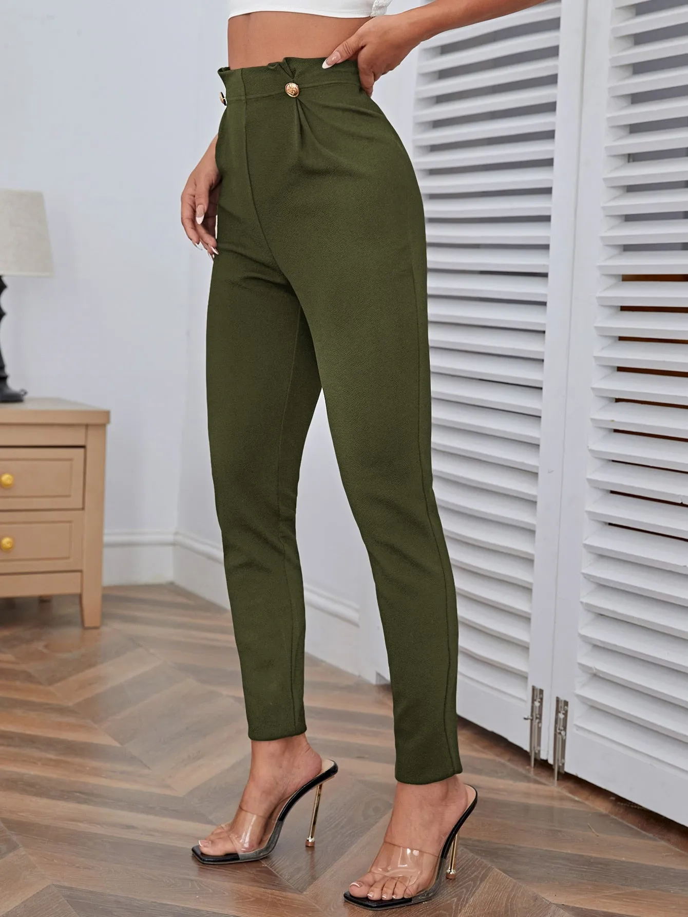 High Waist Button Detail Pants