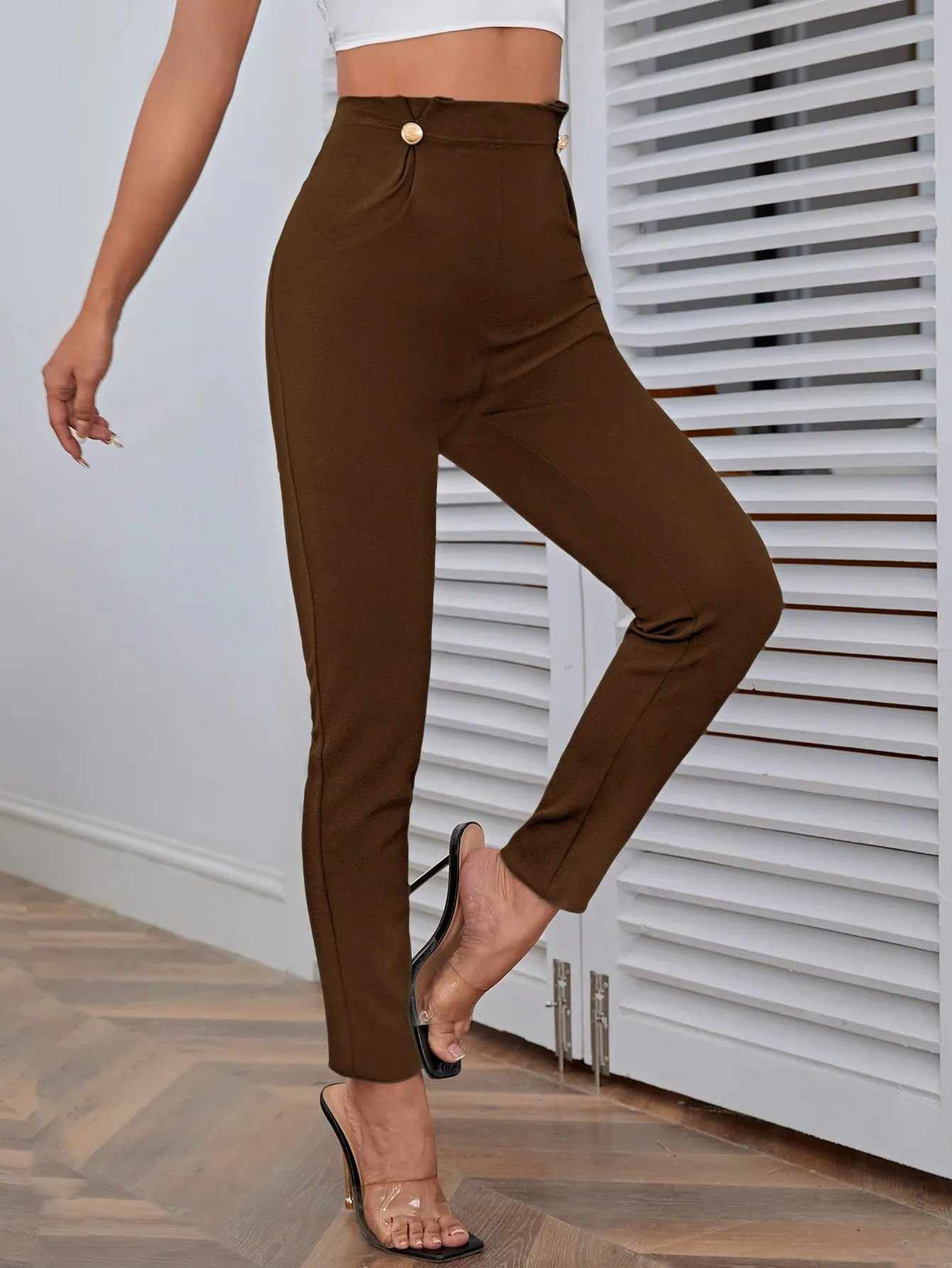 High Waist Button Detail Pants