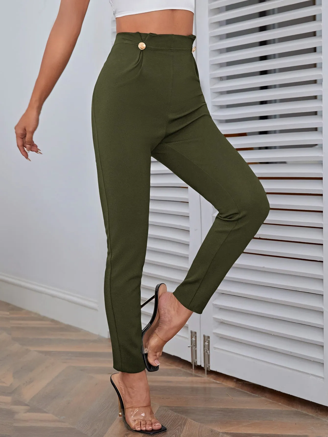 High Waist Button Detail Pants