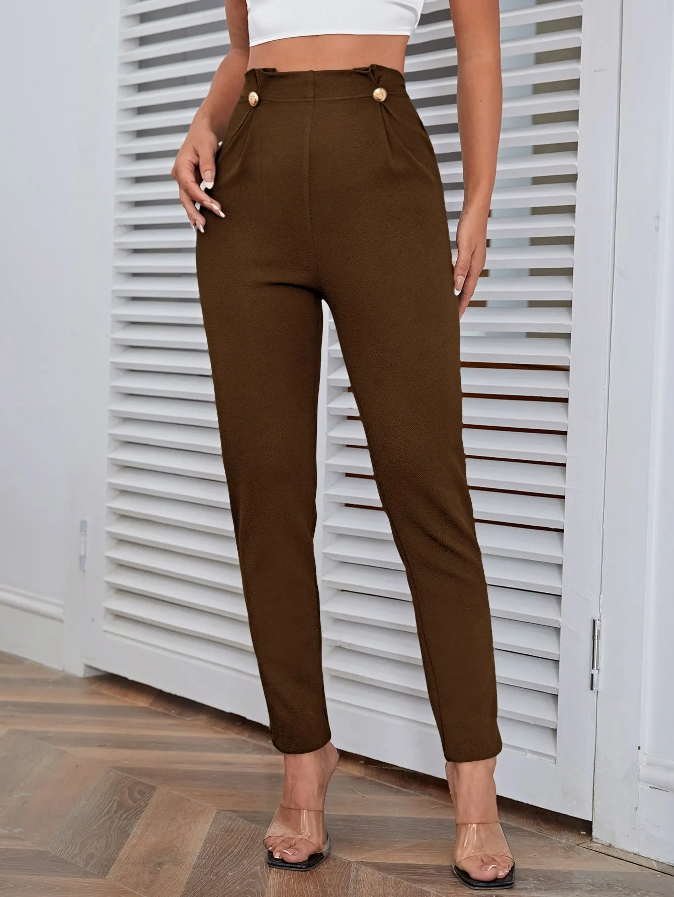 High Waist Button Detail Pants