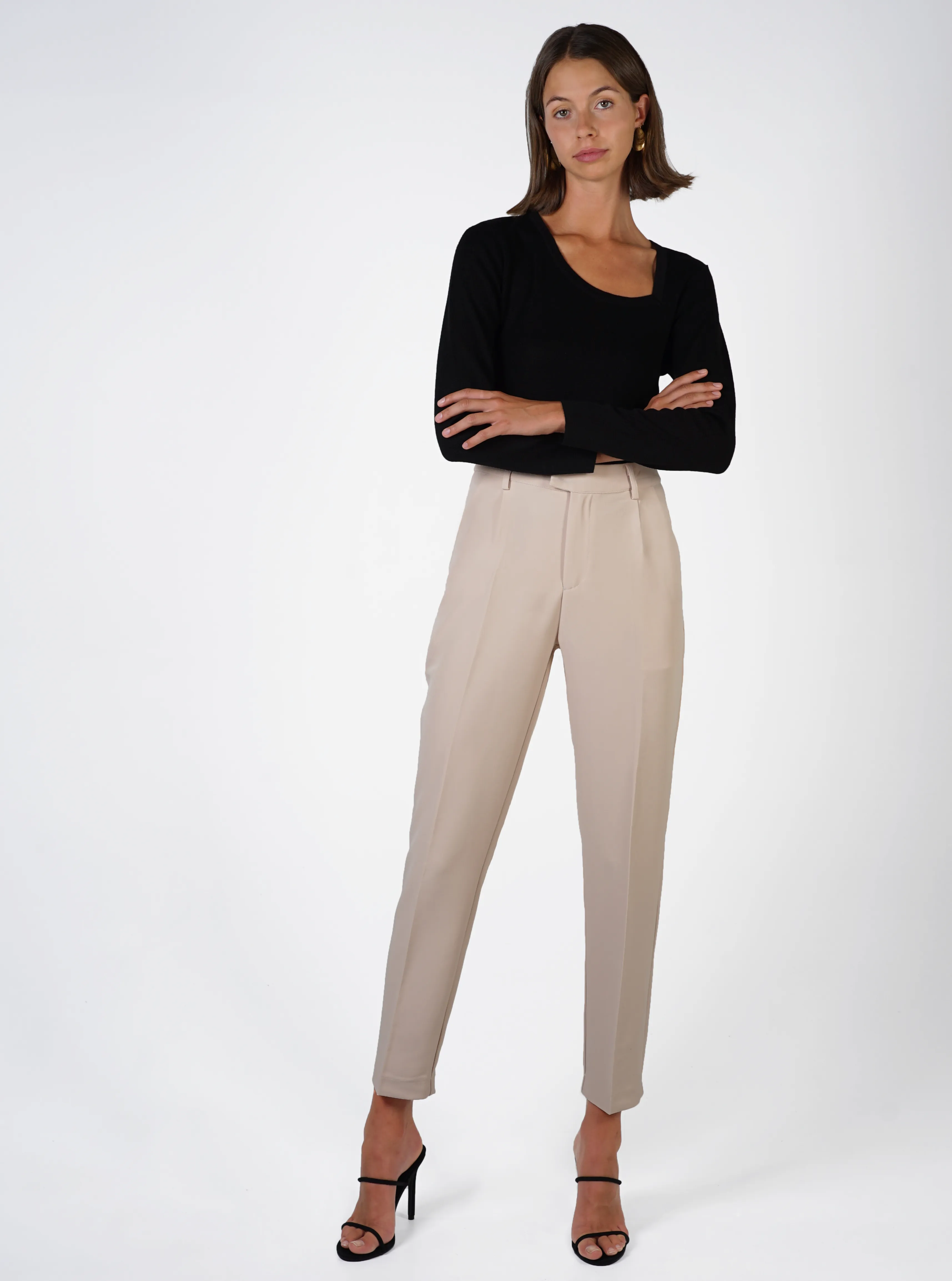 High Waist Tapered Trousers- Nude
