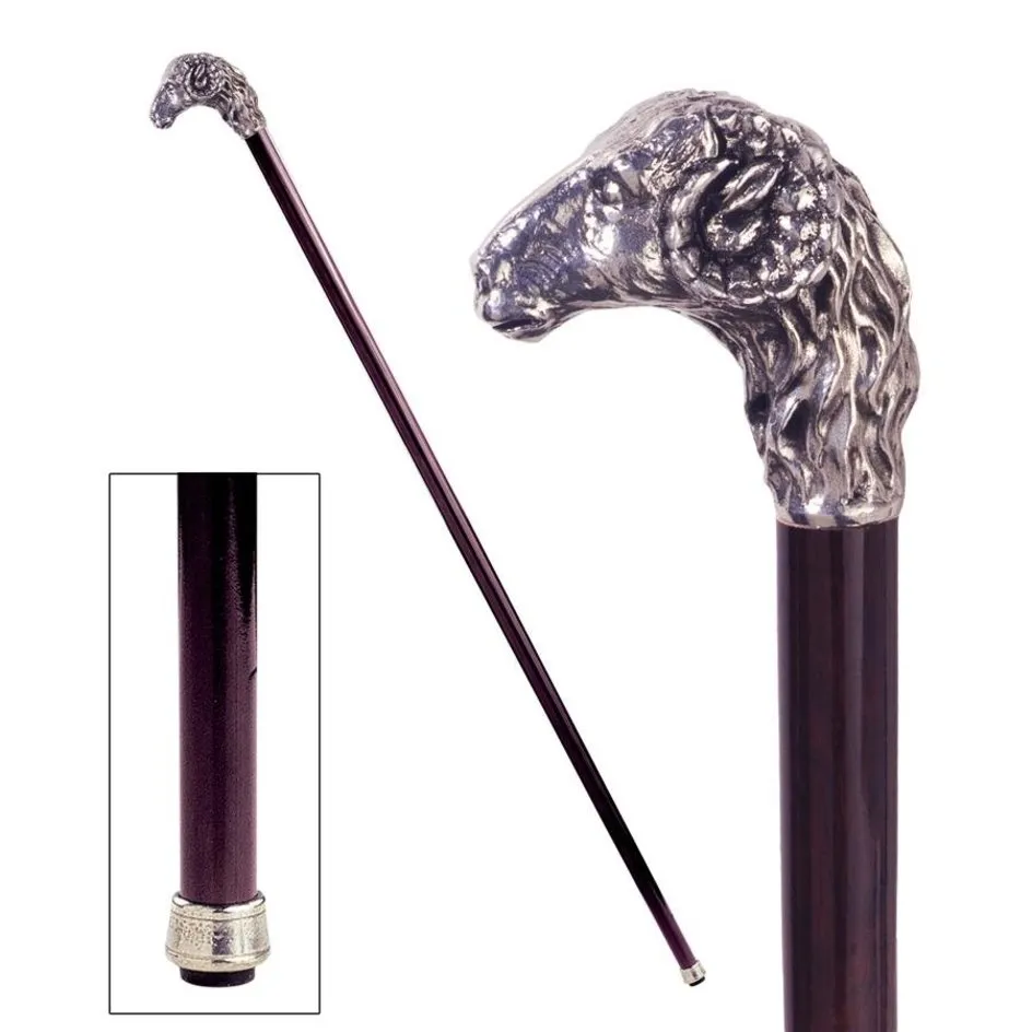 Italian Solid Hardwood Emperor's Ram Pewter Walking Stick Collectible Gift