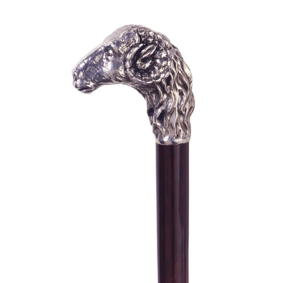 Italian Solid Hardwood Emperor's Ram Pewter Walking Stick Collectible Gift