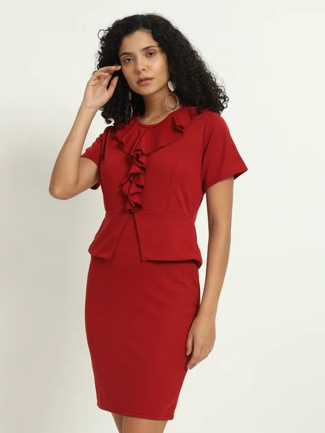 Maroon Front Ruffle Solid Dress