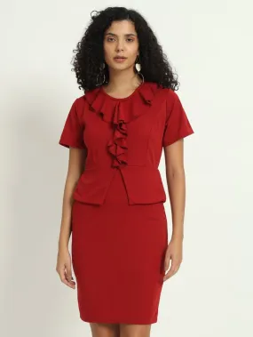 Maroon Front Ruffle Solid Dress