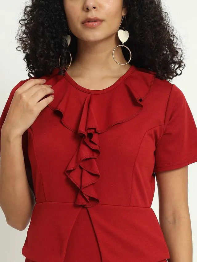 Maroon Front Ruffle Solid Dress