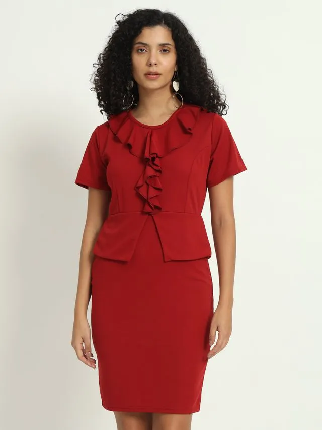 Maroon Front Ruffle Solid Dress
