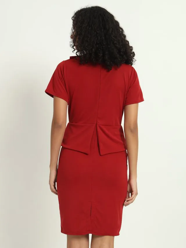 Maroon Front Ruffle Solid Dress