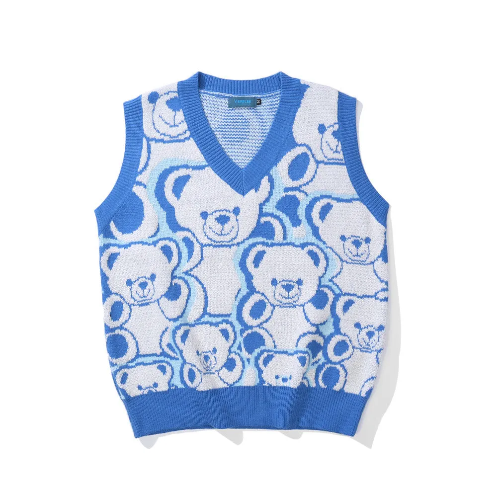 Men Sweater Vest Cartoon Bear Jacquard Knitted Vest Outer Wear Men's Loose V-neck Sleeveless Sweater Vest