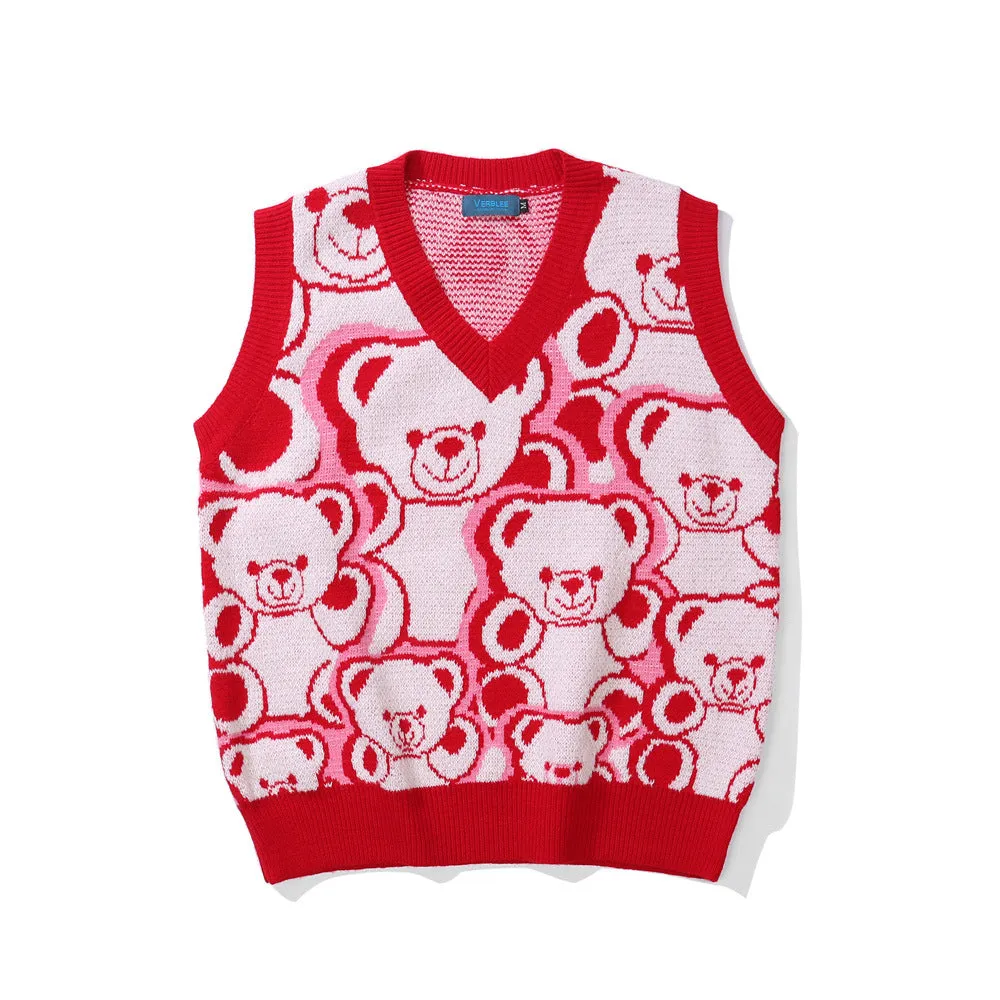Men Sweater Vest Cartoon Bear Jacquard Knitted Vest Outer Wear Men's Loose V-neck Sleeveless Sweater Vest