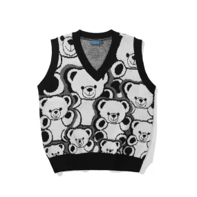 Men Sweater Vest Cartoon Bear Jacquard Knitted Vest Outer Wear Men's Loose V-neck Sleeveless Sweater Vest