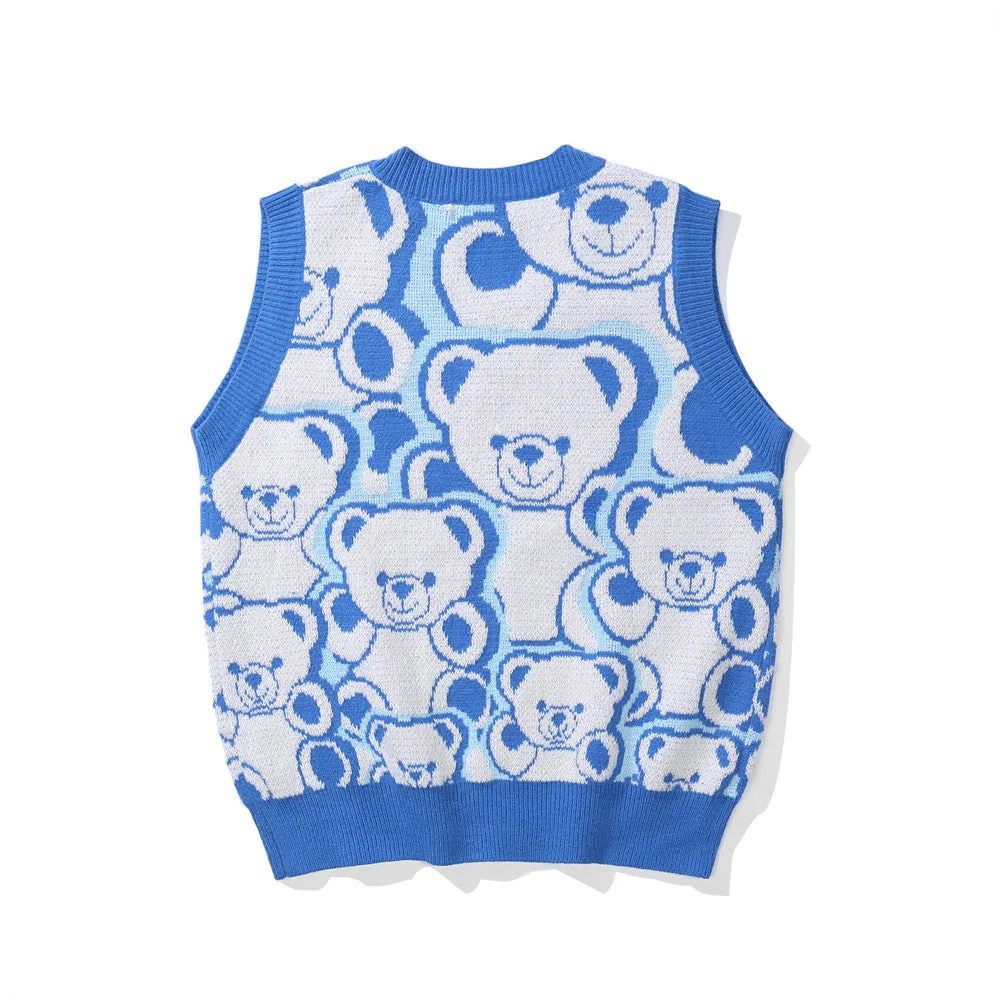 Men Sweater Vest Cartoon Bear Jacquard Knitted Vest Outer Wear Men's Loose V-neck Sleeveless Sweater Vest