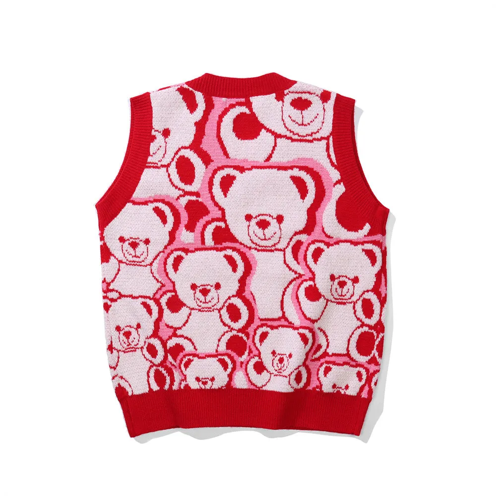 Men Sweater Vest Cartoon Bear Jacquard Knitted Vest Outer Wear Men's Loose V-neck Sleeveless Sweater Vest