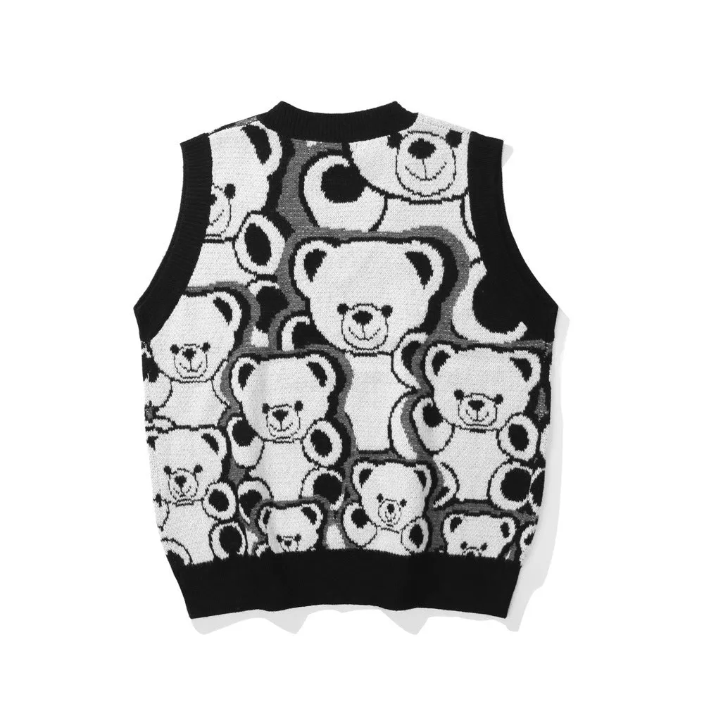 Men Sweater Vest Cartoon Bear Jacquard Knitted Vest Outer Wear Men's Loose V-neck Sleeveless Sweater Vest