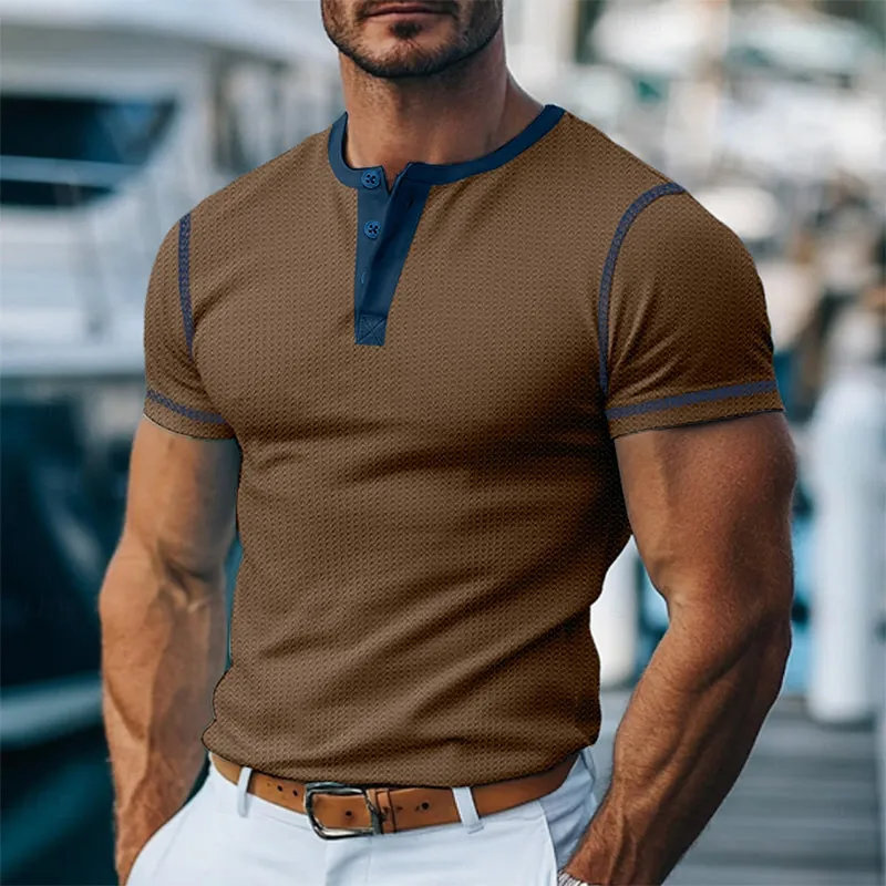 Men's Contrast Color Short Sleeve Henley Neck T-Shirt 27627870X