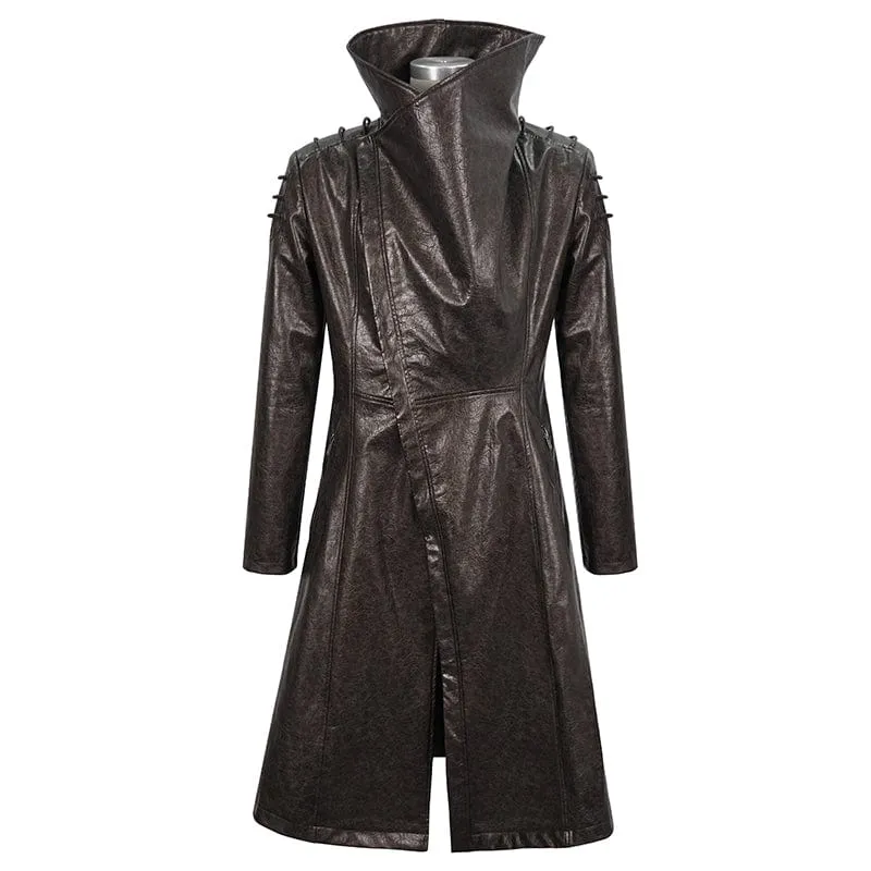 Men's Punk Stand Collar Faux Leather Long Coat Brown