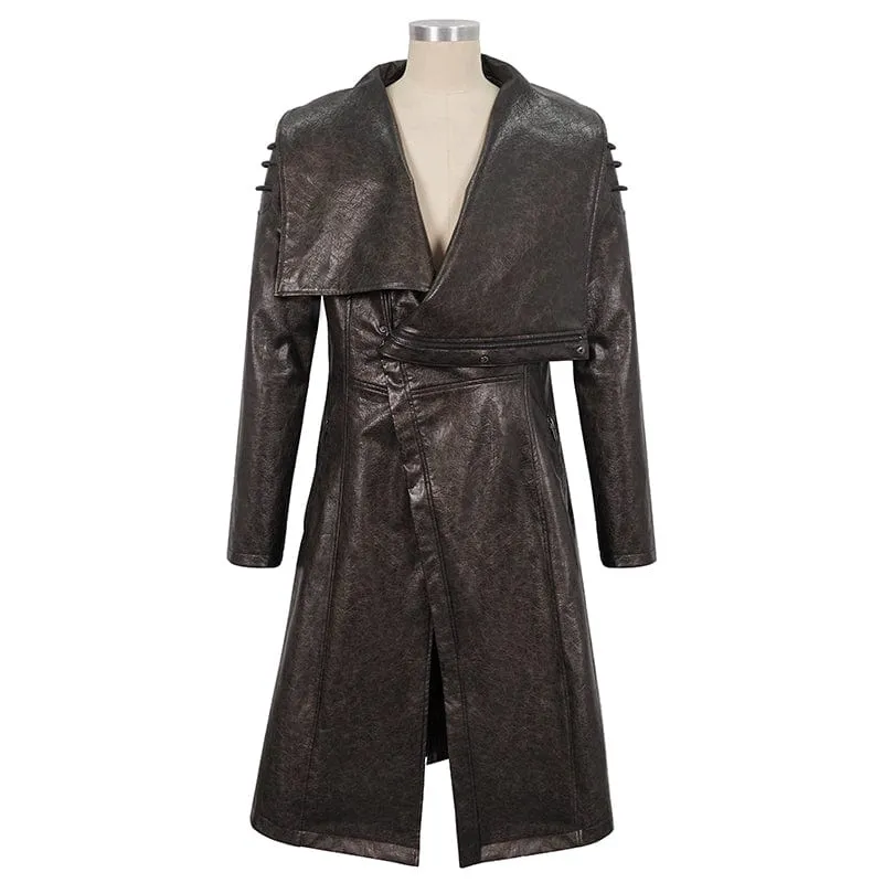 Men's Punk Stand Collar Faux Leather Long Coat Brown