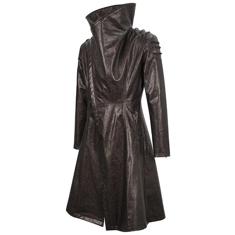 Men's Punk Stand Collar Faux Leather Long Coat Brown