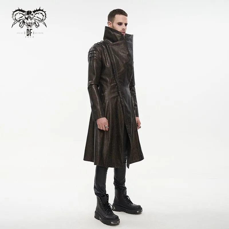 Men's Punk Stand Collar Faux Leather Long Coat Brown