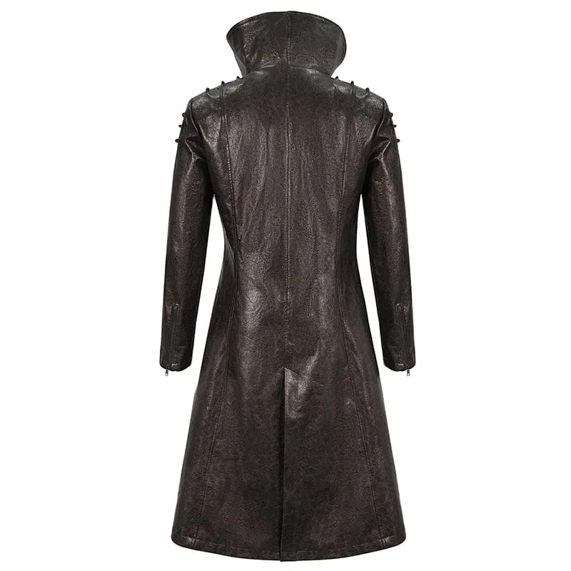 Men's Punk Stand Collar Faux Leather Long Coat Brown