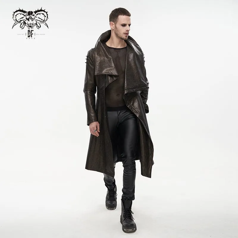 Men's Punk Stand Collar Faux Leather Long Coat Brown
