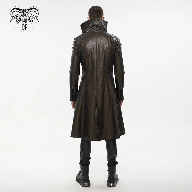 Men's Punk Stand Collar Faux Leather Long Coat Brown